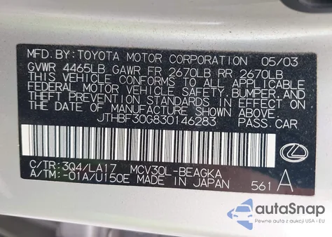 2003 Lexus Es 300 из США, поврежденный, VIN JTHBF30G830146283